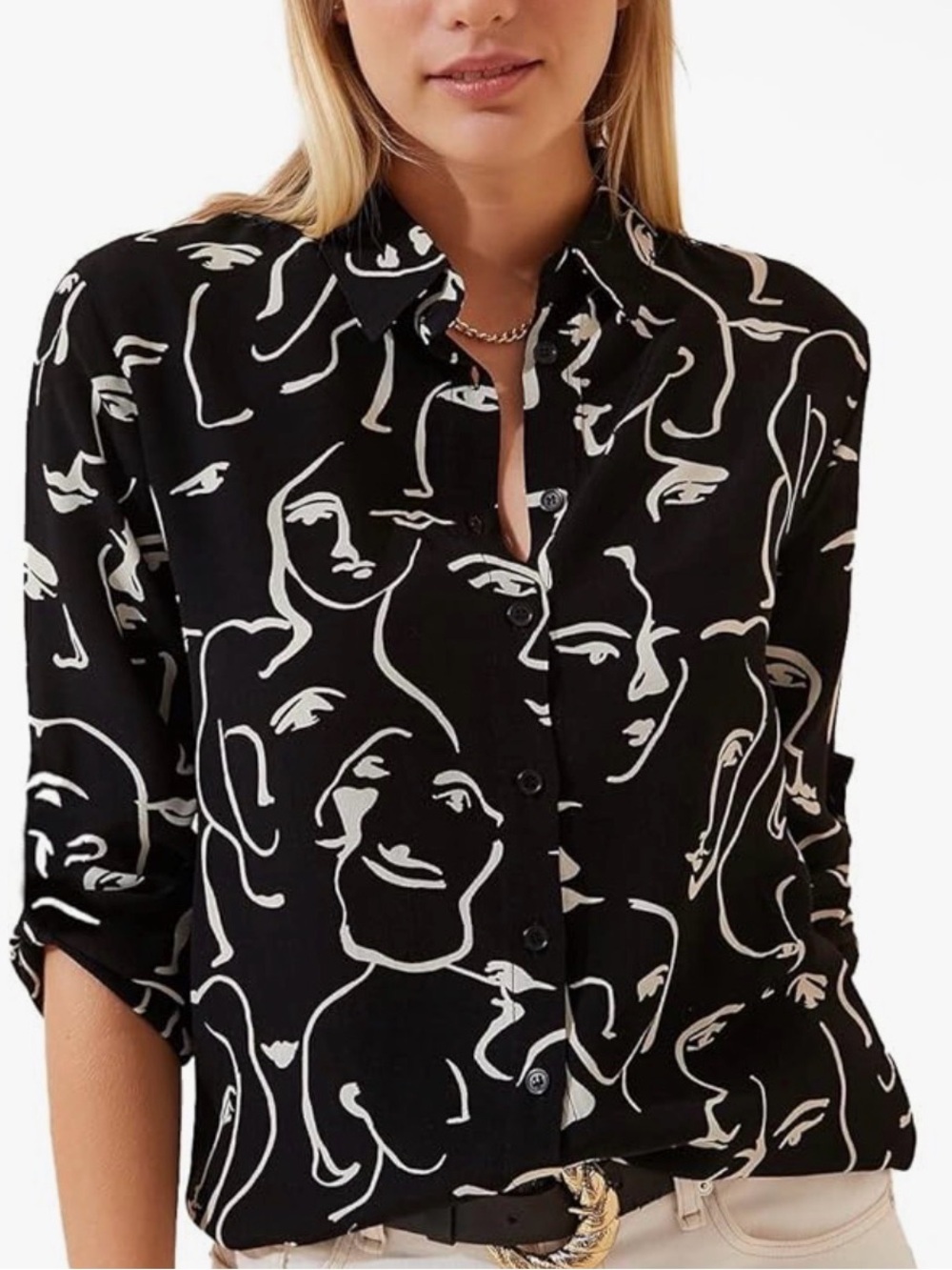 Womens Black Abstract Face Button-Up Shirt